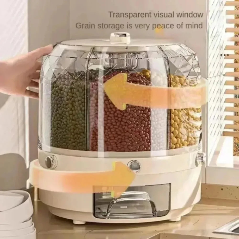 6-In-1 Rice Dispenser Food Container 360 Degree Rotating Sealed Dry Cereal Grain Bucket Moisture-Proof Kitchen Storage Box