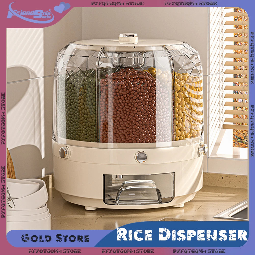 6-In-1 Rice Dispenser Food Container 360 Degree Rotating Sealed Dry Cereal Grain Bucket Moisture-Proof Kitchen Storage Box